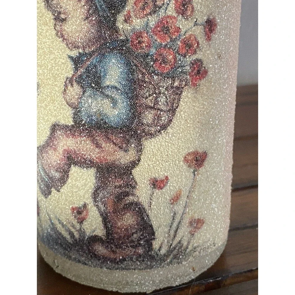 Vintage Sugar Frosted Pillar Candle Hummel GERMAN BOY FLOWER BASKET CAN 5” Glass